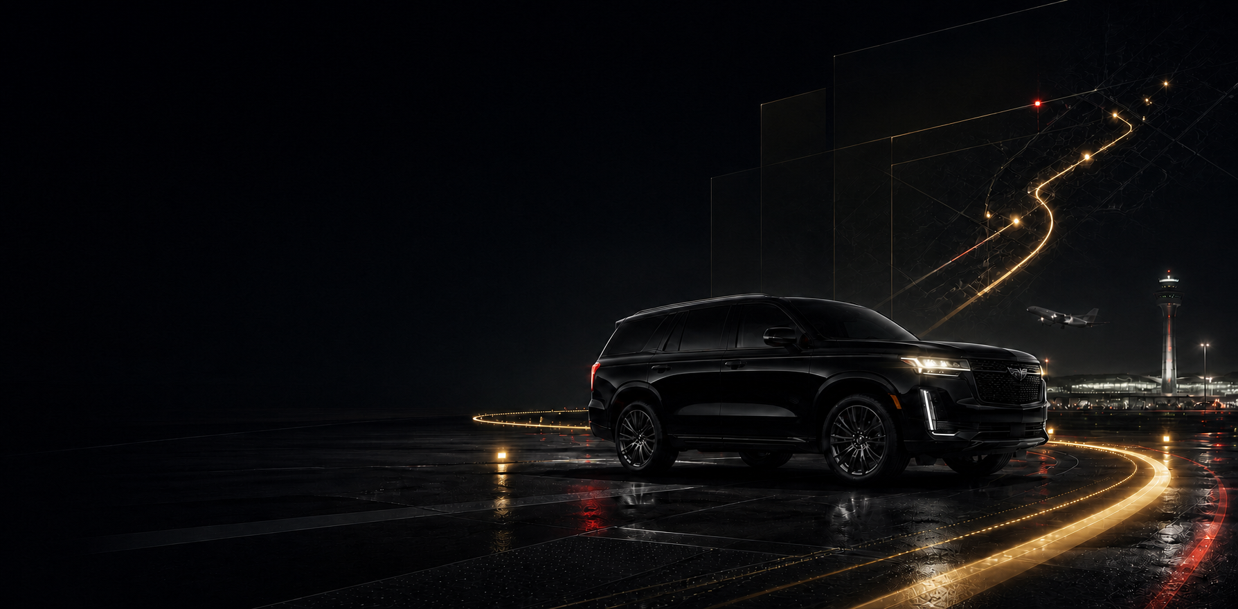 Black airport-transfer SUV beside illuminated route graphics at night.